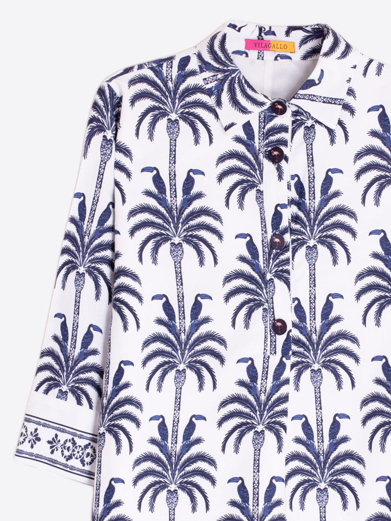 Vilagallo | Miranda Dress | Blue & White Toucan/Palm Tree Print