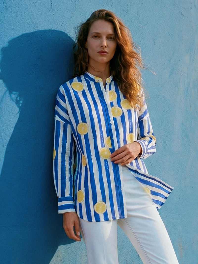 Vilagallo | Mao Shirt | Blue & White Stripe Lemon Print