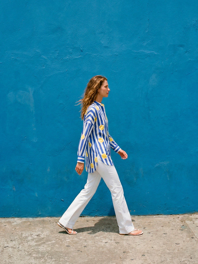 Vilagallo | Mao Shirt | Blue & White Stripe Lemon Print