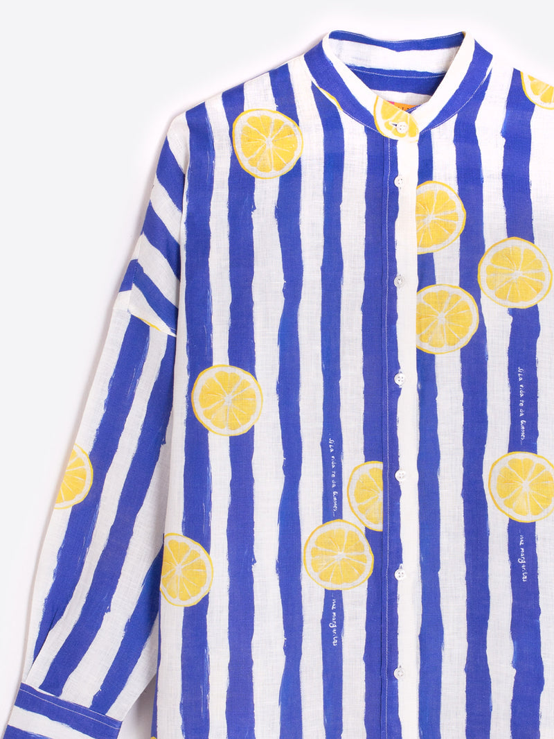 Vilagallo | Mao Shirt | Blue & White Stripe Lemon Print