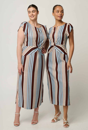 Once Was | Geneva Stretch Cupro Detail Column Midi Dress | Iridescent Stripe