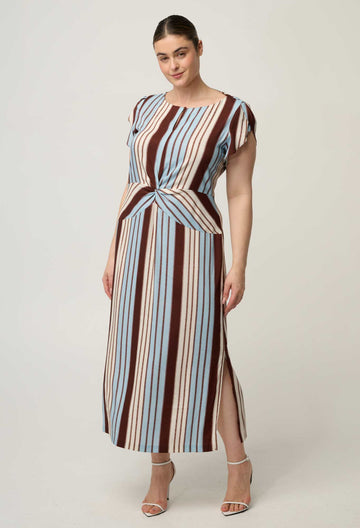 Once Was | Geneva Stretch Cupro Detail Column Midi Dress | Iridescent Stripe
