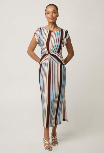 Once Was | Geneva Stretch Cupro Detail Column Midi Dress | Iridescent Stripe