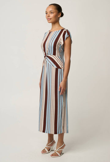 Once Was | Geneva Stretch Cupro Detail Column Midi Dress | Iridescent Stripe