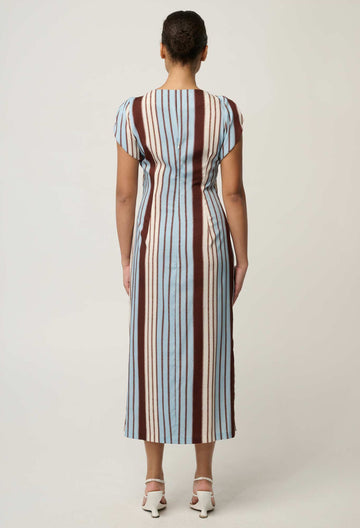 Once Was | Geneva Stretch Cupro Detail Column Midi Dress | Iridescent Stripe
