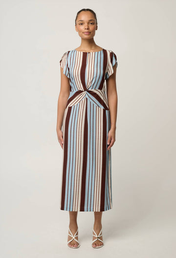 Once Was | Geneva Stretch Cupro Detail Column Midi Dress | Iridescent Stripe