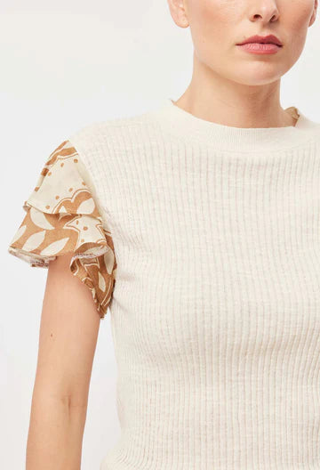 Rio Cotton/Linen Contrast Ruffle Sleeve Knit Top - Bone