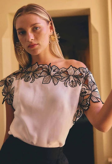 Once Was | Eleanor Cupro Blend Embroidery Detail Wide Neck Top | Ivory