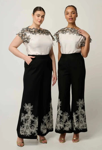 Once Was | Willow Linen Viscose Embroidery Detail Pant | Black
