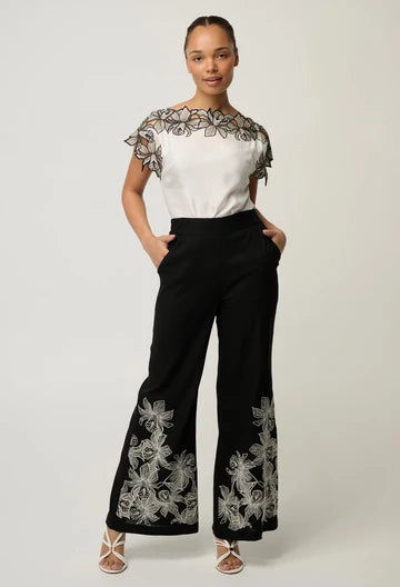 Once Was | Willow Linen Viscose Embroidery Detail Pant | Black