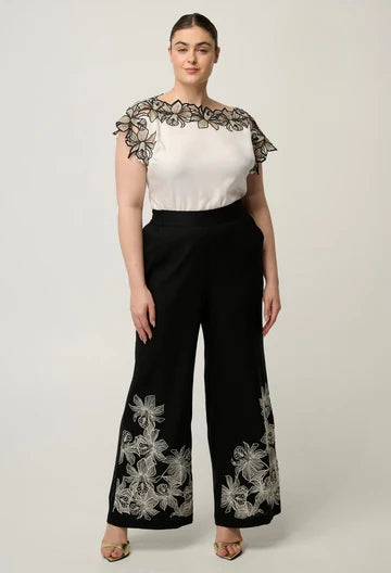 Once Was | Willow Linen Viscose Embroidery Detail Pant | Black