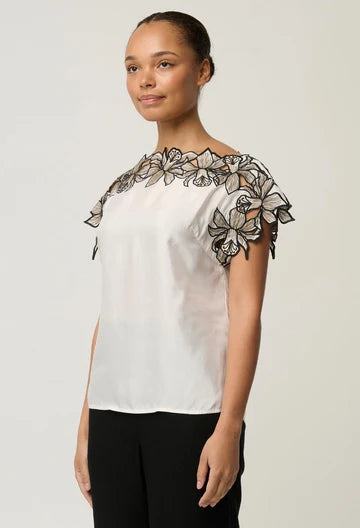 Once Was | Eleanor Cupro Blend Embroidery Detail Wide Neck Top | Ivory