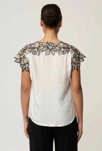 Once Was | Eleanor Cupro Blend Embroidery Detail Wide Neck Top | Ivory
