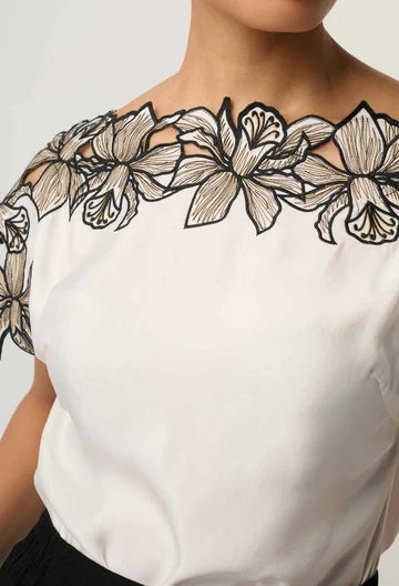 Once Was | Eleanor Cupro Blend Embroidery Detail Wide Neck Top | Ivory