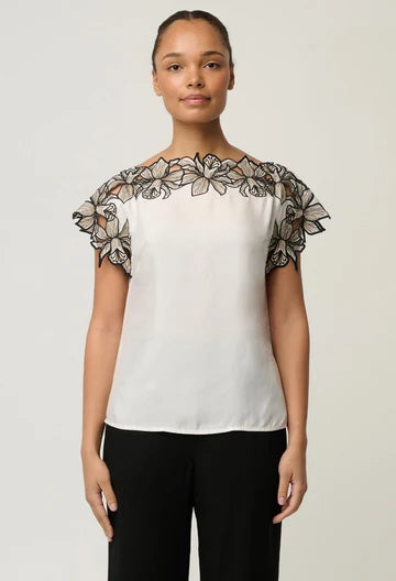 Once Was | Eleanor Cupro Blend Embroidery Detail Wide Neck Top | Ivory