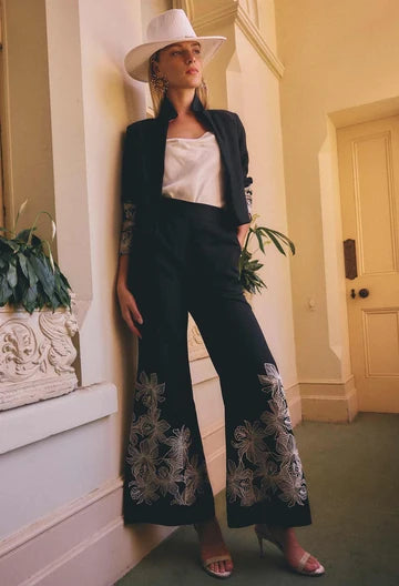 Once Was | Willow Linen Viscose Embroidery Detail Pant | Black