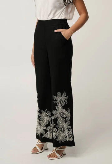 Once Was | Willow Linen Viscose Embroidery Detail Pant | Black