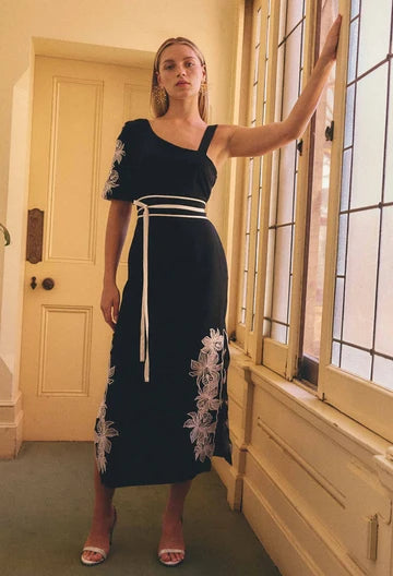 Once Was | Elodie One Shoulder Linen Viscose Embroidery Dress |Black