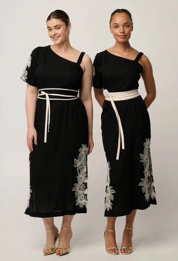 Once Was | Elodie One Shoulder Linen Viscose Embroidery Dress |Black