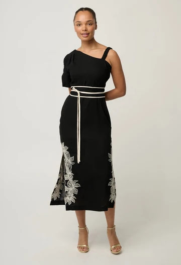 Once Was | Elodie One Shoulder Linen Viscose Embroidery Dress |Black
