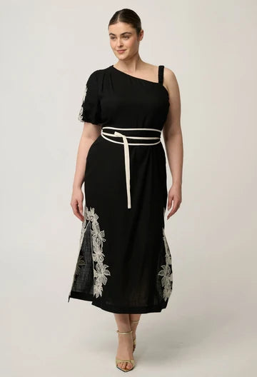 Once Was | Elodie One Shoulder Linen Viscose Embroidery Dress |Black