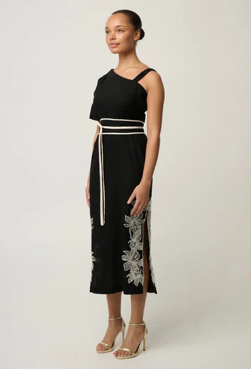 Once Was | Elodie One Shoulder Linen Viscose Embroidery Dress |Black