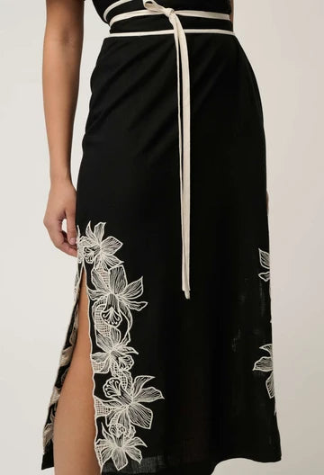 Once Was | Elodie One Shoulder Linen Viscose Embroidery Dress |Black