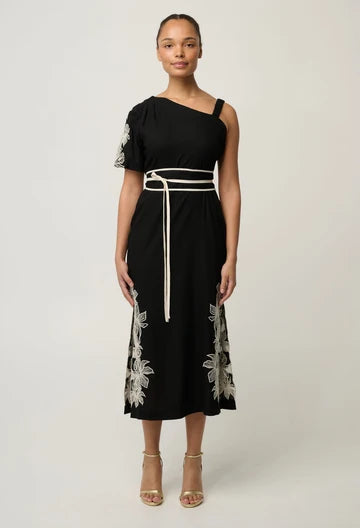 Once Was | Elodie One Shoulder Linen Viscose Embroidery Dress |Black