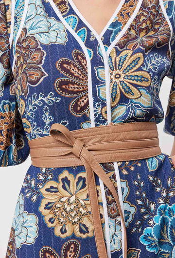 Laguna Cotton Silk Binding Detail V Neck Coat Dress - Aztec Flower