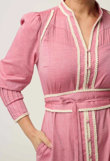 Once Was | Isla Cotton Chambray Trim Detail Dress | Blush Chambray