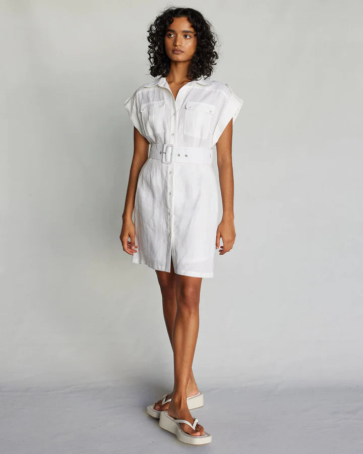 Esra Linen Utility Mini Dress - White