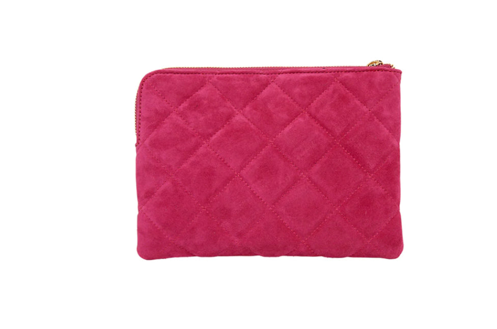 Paige Clutch with Wristlet - Quilted Hot Pink Suede