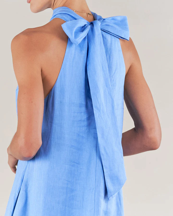 Aruba Linen Tie-Neck Dress - Azure Blue