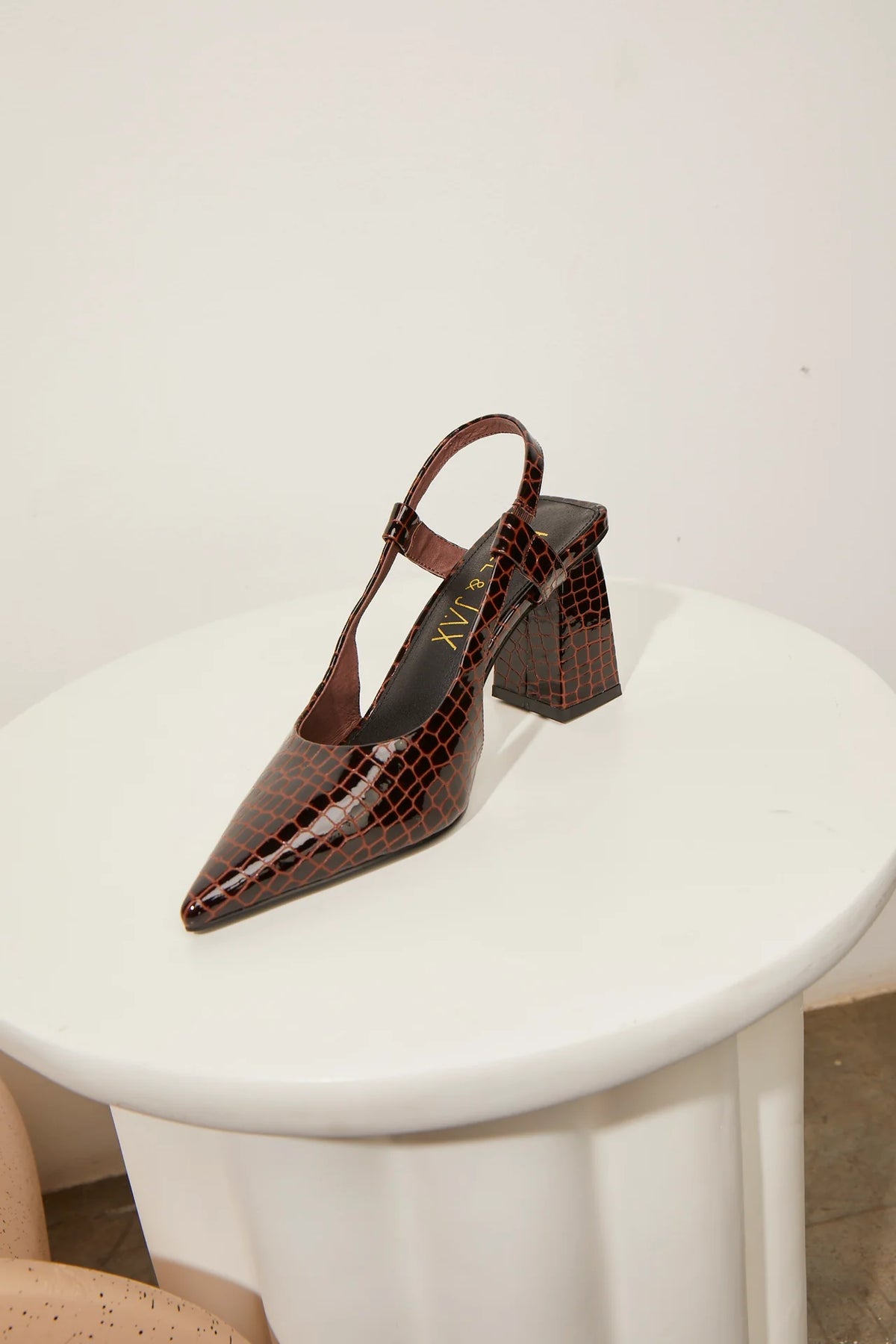 Rio Chocolate Patent Croc Slingback Heel