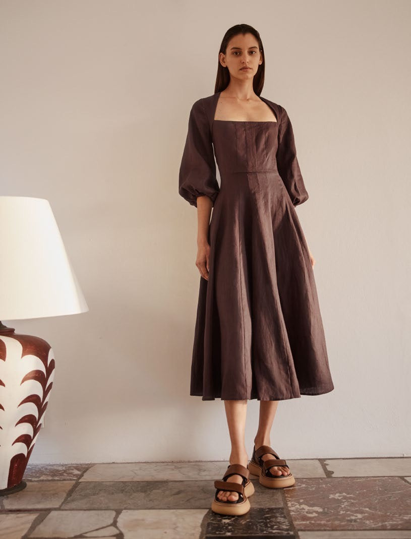 Sherri Linen Midi Dress - Aubergine