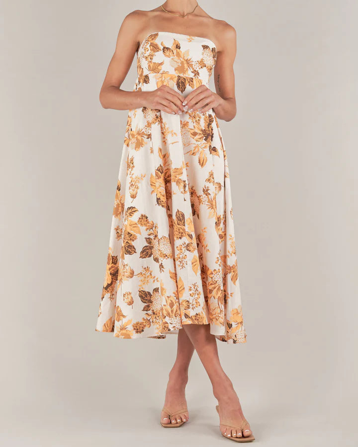 Saint Lucia Linen Maxi Dress - Spanish Gold Print