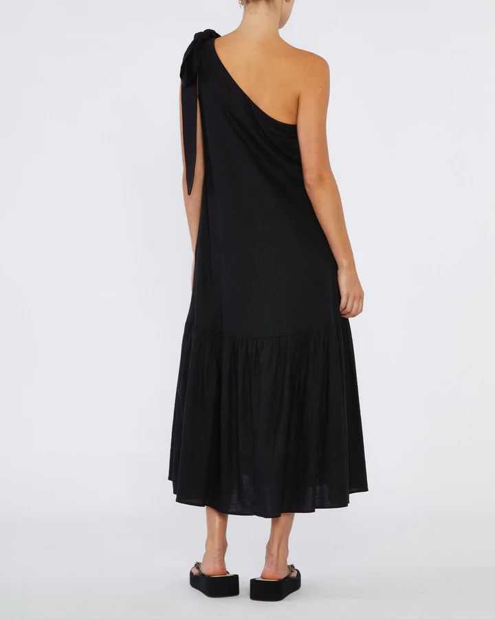 Aruba Linen One Shoulder Dress - Black