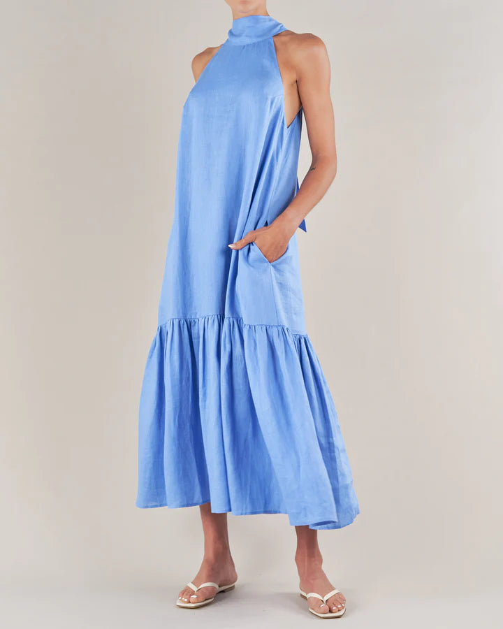 Aruba Linen Tie-Neck Dress - Azure Blue